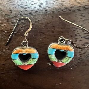 Vintage Navajo or Zuni inlay stones sterling silver hearts wire pierced earrings